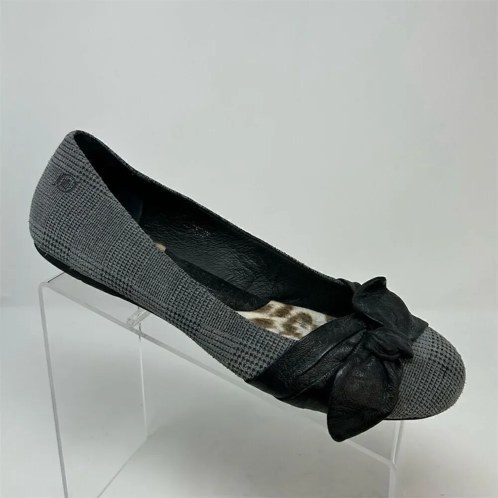 Born Women's Molly Ballet Flats Gray Plaid Black Bold Bow Size 9 Casual Fall